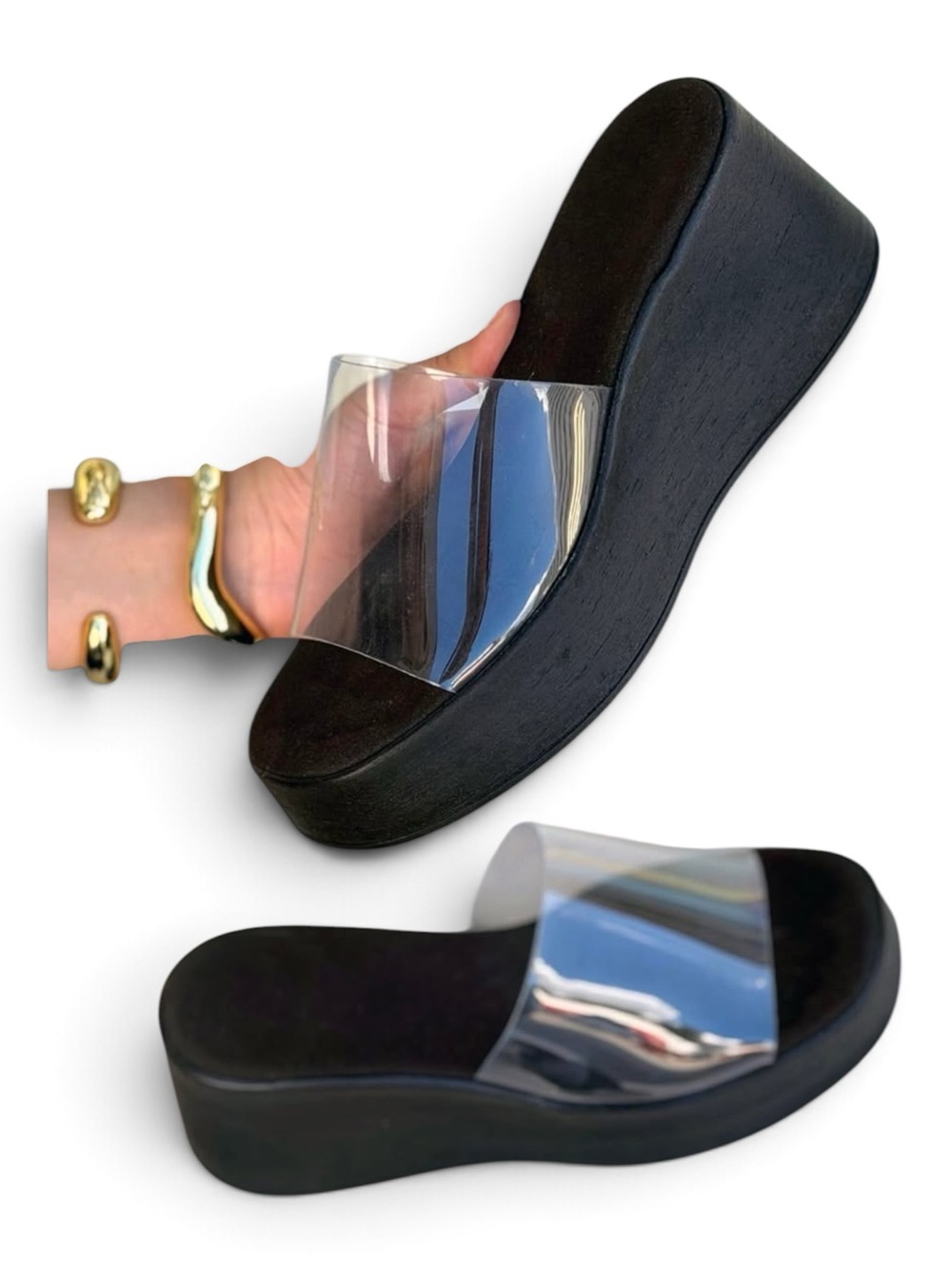 Ancient Greek Sandals Clear Strap Black Platform Wedge Slide Sandals Size 41/10